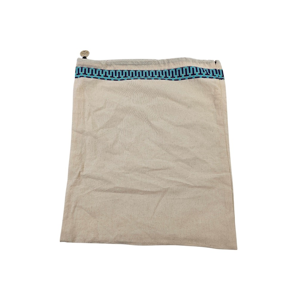 Tory Burch Cream Canvas Dust Bag with Turquoise Navy Trim Gold Logo Charm 12x14"